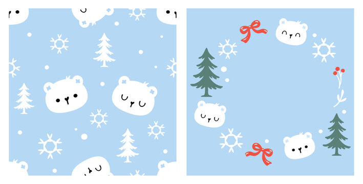 Cute seamless winter polar bear pattern featuring adorable white bear faces, snowflakes, Christmas pine trees, red ribbon bows and tiny berries on a soft pastel blue background in simple flat vector.