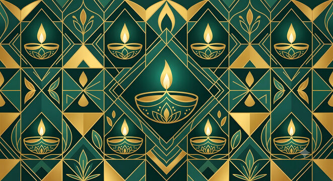Luxury Geometric Art Deco Diwali Pattern Background with Golden Diya Oil Lamps and Teal Emerald Mosaic Tile Elements for Festive Greeting Design of lamp