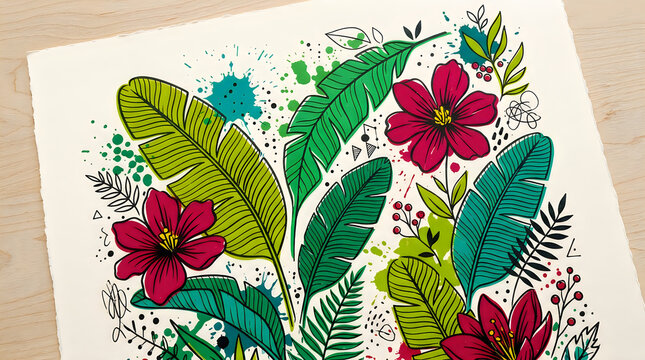 Colorful tropical flowers and green palm leaves hand drawn illustration in a vibrant artistic style