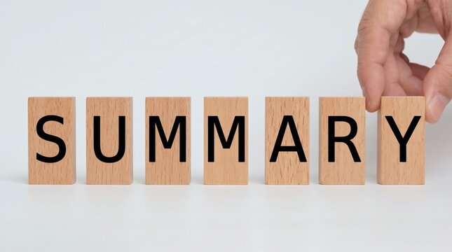 Summary concept. Summarize business performance and key findings using wooden blocks, symbolizing evaluation, strategic planning and decision making.
