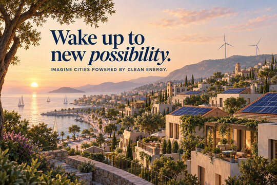 Clean Energy Awareness Poster with Coastal Town at Sunset