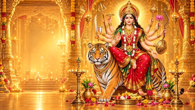 Goddess Durga Seated on Tiger in Golden Hindu Temple with Multiple Arms, Ceremonial Lamps, Flowers, and Offerings