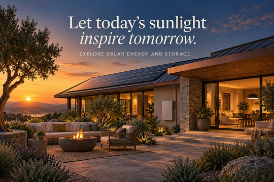 Solar Energy Poster with Modern Home and Rooftop Panels at Sunset