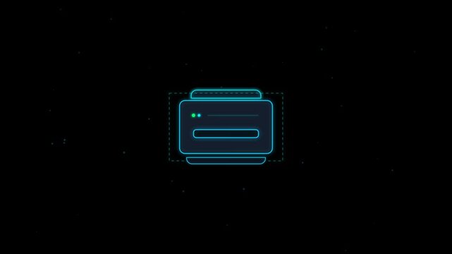 Neon glowing digital printer icon isolated on black background, futuristic technology concept, computer peripheral device symbol, minimalist line art style