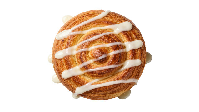 Golden brown swirl pastry with white icing drizzle, isolated on transparent background
