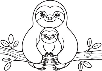 Fototapeta premium Sloth and baby on a branch black and white vector illustration