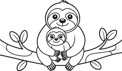 Fototapeta premium Sloth and baby on a branch black and white vector illustration