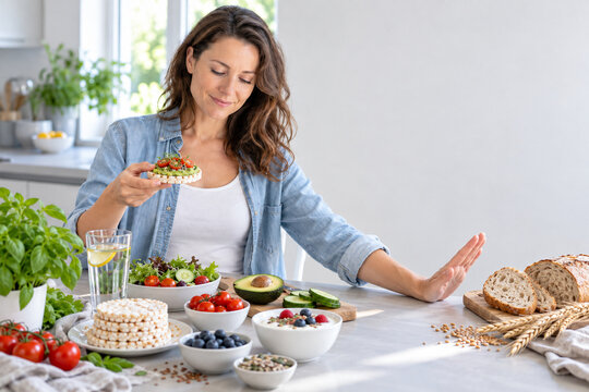 Woman Choosing Gluten Free Food and Refusing Wheat Bread in Healthy Kitchen