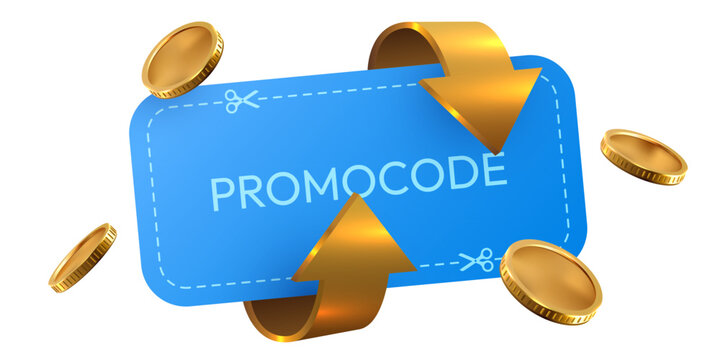 Promocode banner with gold coins and arrows.