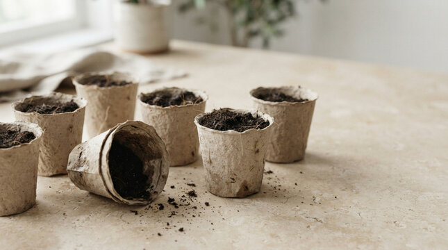 Biodegradable peat paper pots filled with soil prepared for seed starting on stone table