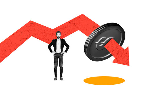 Composite photo collage of upset businessman stand recession arrow coin usd inflation problem bankrupt isolated on painted background