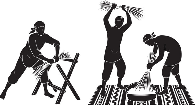 Silhouettes of farmers threshing rice grain during agricultural processing