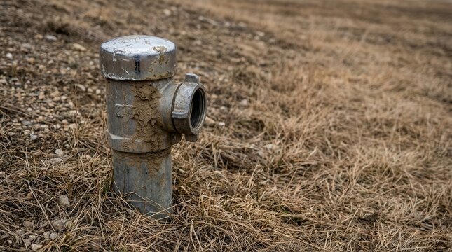 Weathered metal hydrant with capped top and open side outlet surrounded by dry grass and rocky ground in an outdoor hillside setting