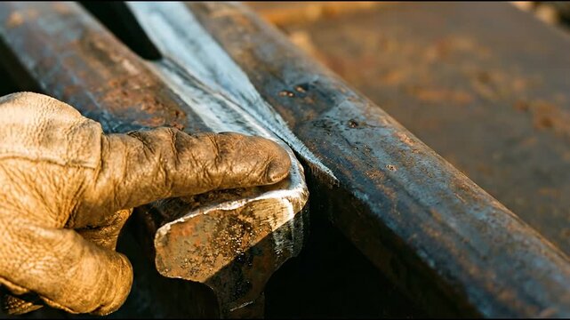 Leather glove gripping a metal tool against rusted steel rails in warm industrial light