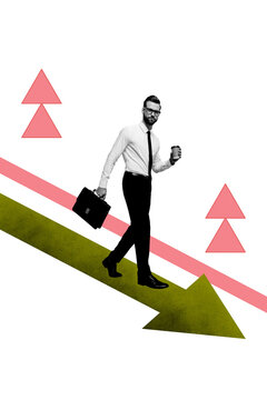 Vertical photo collage of serious businessman hold coffee cup briefcase arrow down economy fall recession isolated on painted background
