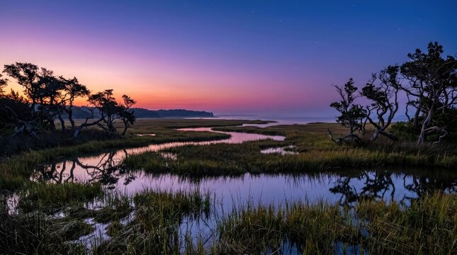 Serene coastal marsh landscape at dusk with colorful sky and silhouetted trees reflecting in the water