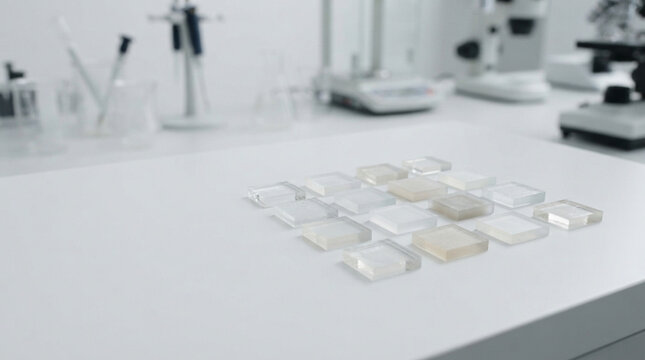 Transparent glass and polymer material square samples arranged on laboratory workbench