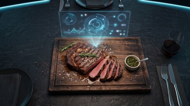 Grilled beef steak with futuristic holographic data interface