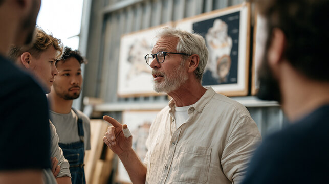 Retired art teacher with bandaged finger debriefs apprentices after a difficult EVA simulation exercise in an industrial workshop setting, gesturing toward aerospace diagrams