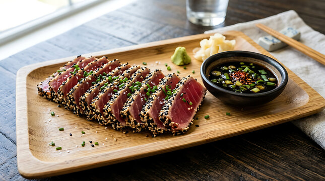 Seared Ahi Tuna Steak Slices with Sesame Seeds Soy Sauce Wasabi