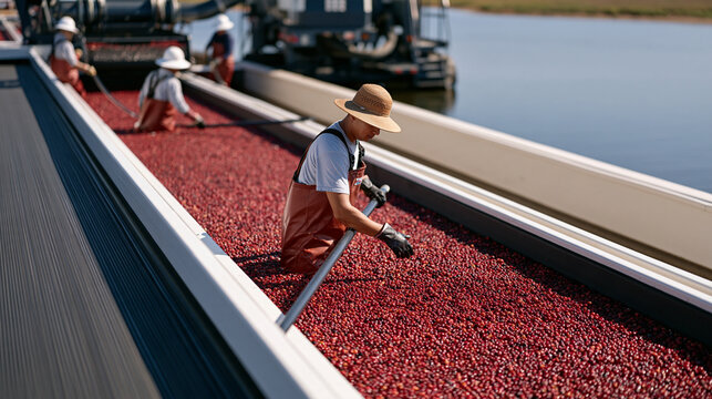 Wide landscape of cranberry bog flooding at harvest time, workers in waders corralling floating red berries, mechanical harvesting equipment, wetland farm, commercial berry