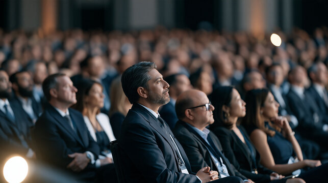 Telephoto compressed view of packed corporate awards gala audience, hundreds of formally dressed professionals stretching back into bokeh distance, stage glow visible in