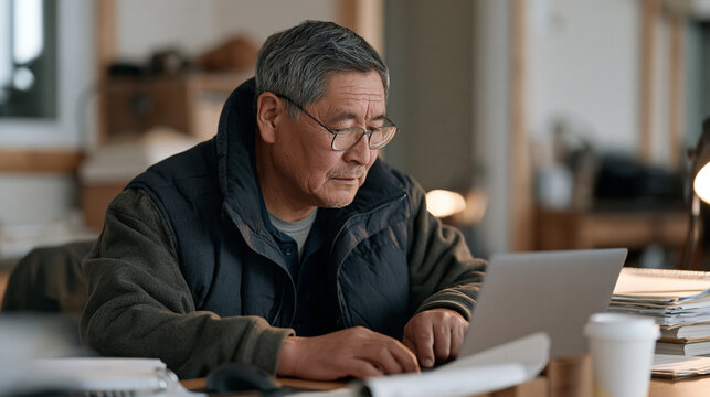 Inuit community leader at a northern administrative building reviewing a digital asset grant proposal on screen, indigenous economic development, decentralized funding, remote