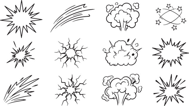 Doodle set of comic explosions and impact effects, hand drawn vector icons, black outline illustration for design element concept.