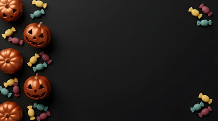 Fototapeta premium Colorful 3D jack-o'-lanterns with flying ghosts and bats on dark background.