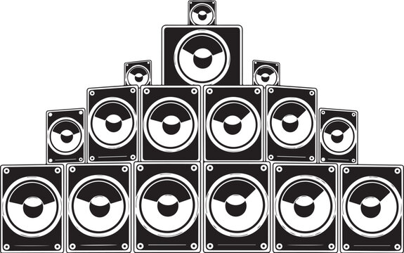 Stacked audio speakers form a towering vector illustration on a white background