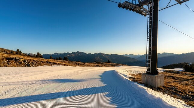 Chairlift pylon casting a long shadow across a groomed ski piste with rugged mountain peaks beneath a clear blue alpine sky