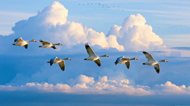 Flock of Migratory White Geese Flying Through a Blue Sky with Clouds