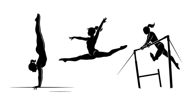 Gymnastics silhouette vector set with handstand leap and bar routine collection