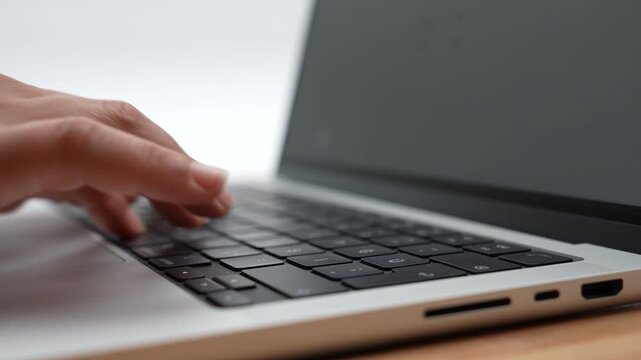 Close-up of a person typing on a laptop keyboard against a clean white background. This high-quality 4K footage captures hands writing, coding, or working remotely, making it perfect for technology
