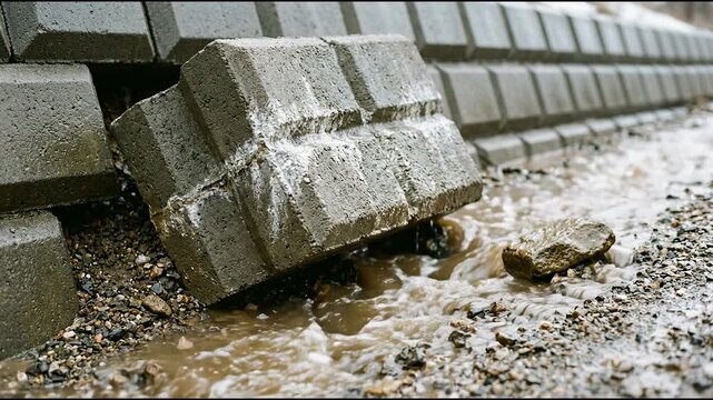 Concrete blocks channeling muddy runoff beside a weathered retaining wall in a gravel-lined drainage channel