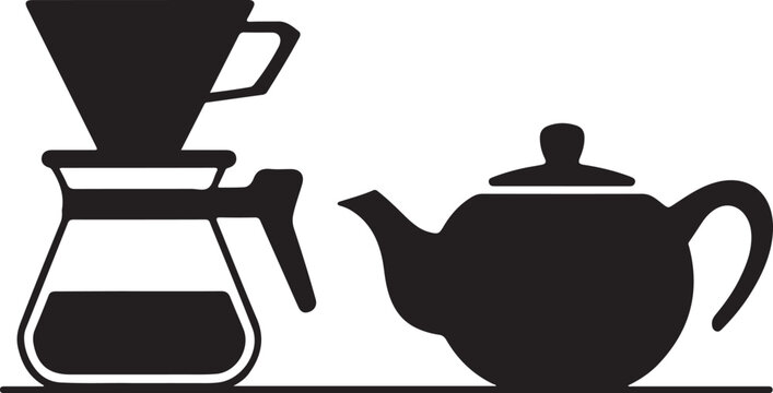Coffee pour over and teapot silhouette against a white background