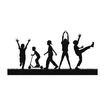 Group of happy children dancing playing and riding scooter silhouetted against watercolor sky background