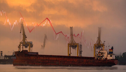 Fototapeta premium A cargo ship at a foggy port, no people. A red stock market chart overlays the scene, symbolizing economic instability and volatile global trade. A dramatic metaphor for shipping industry crisis.