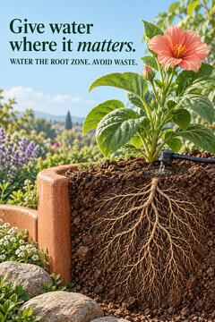 Water Conservation Poster with Drip Irrigation and Exposed Plant Roots