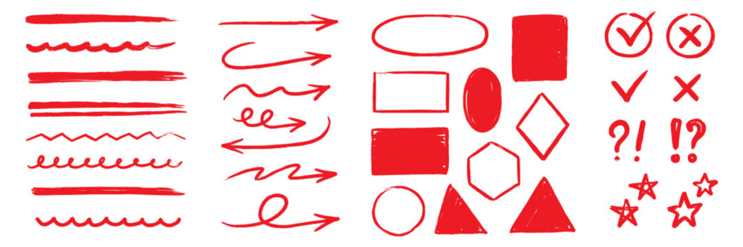 Line pen hand drawn red arrow brush set. Line pen arrow with hand drawn brush red marker highlight check. Handwritten underline star emphasis memo chalk crayon rough texture. Vector