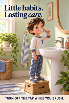 Water Saving Poster with Child Brushing Teeth beside Turned Off Tap