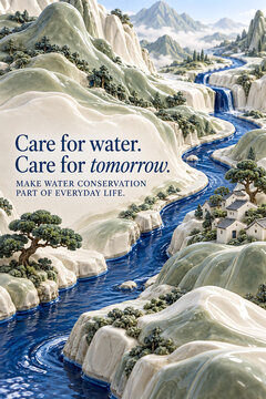 Water Conservation Awareness Poster with Sculpted River Landscape