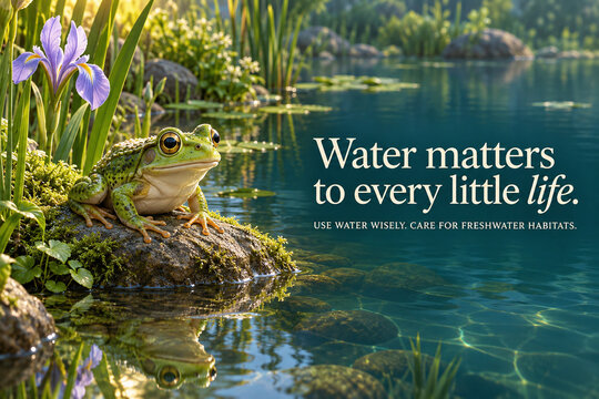 Water Conservation Poster with Frog and Freshwater Pond Habitat