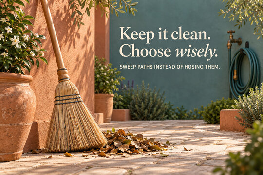 Water Saving Poster with Broom Encouraging Sweeping Instead of Hosing