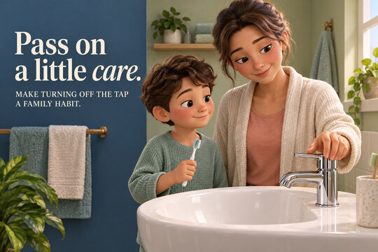 Water Saving Poster with Mother Teaching Child to Turn Off Tap
