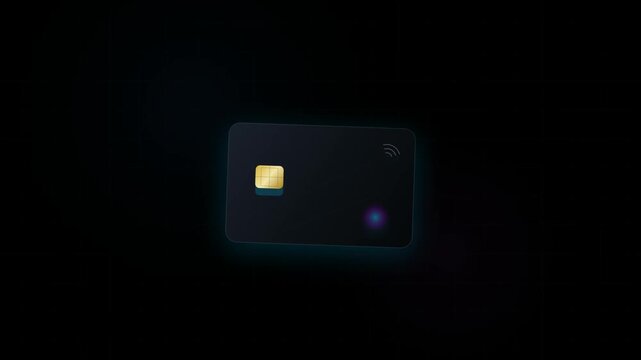 Minimalist black credit card with gold emv chip and contactless payment symbol, sleek modern financial design for banking and digital payment services on dark background
