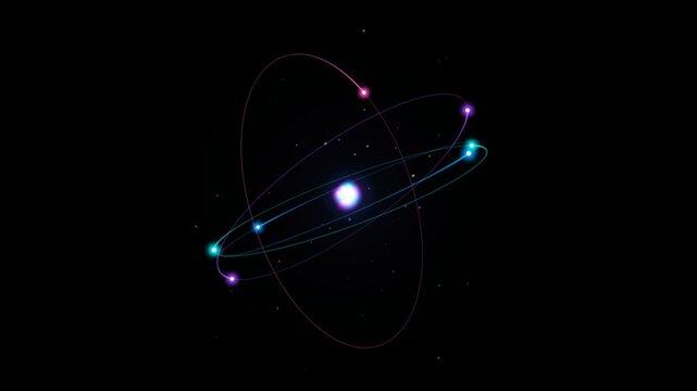 Abstract representation of an atom with glowing nucleus and orbiting electrons on a dark background, science and technology concept