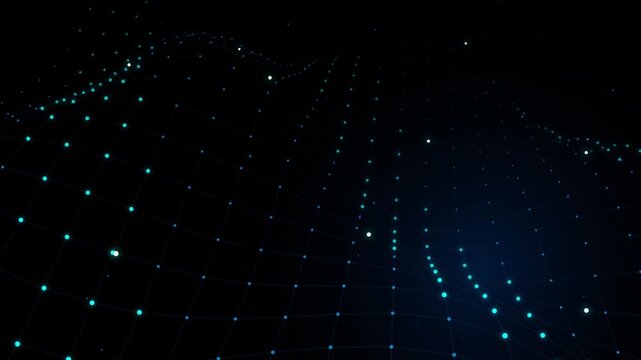 Cyan particle wave grid forming flowing digital landscape