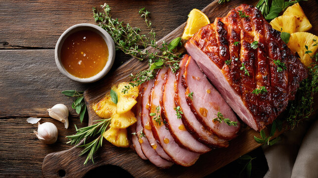 Glazed ham carved into tender slices on a rustic wooden board, garnished with caramelized pineapple, fresh herbs and a savory-sweet glaze for festive gatherings