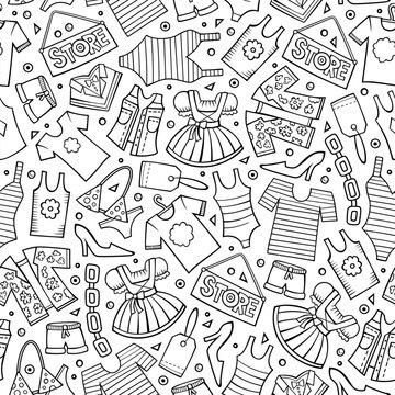Black and white seamless sale and shopping pattern with clothing, shoes, handbags, price tags and gift cards in a hand drawn doodle style.